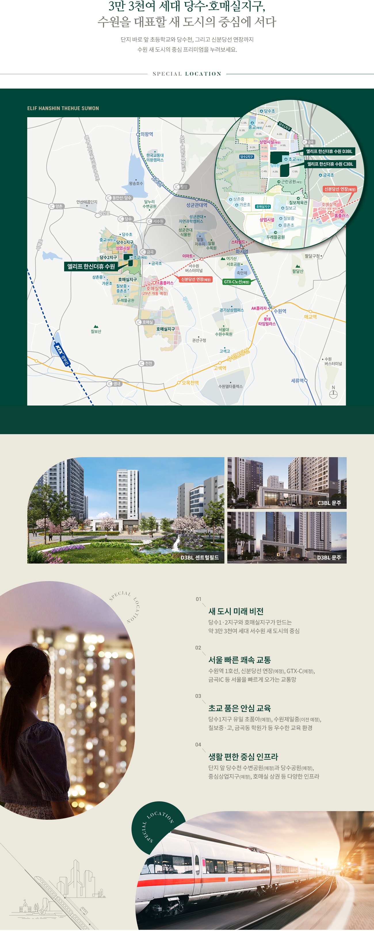 호매실·당수 일대 입지 안내도 — 신분당선 연장(예정)과 생활 인프라