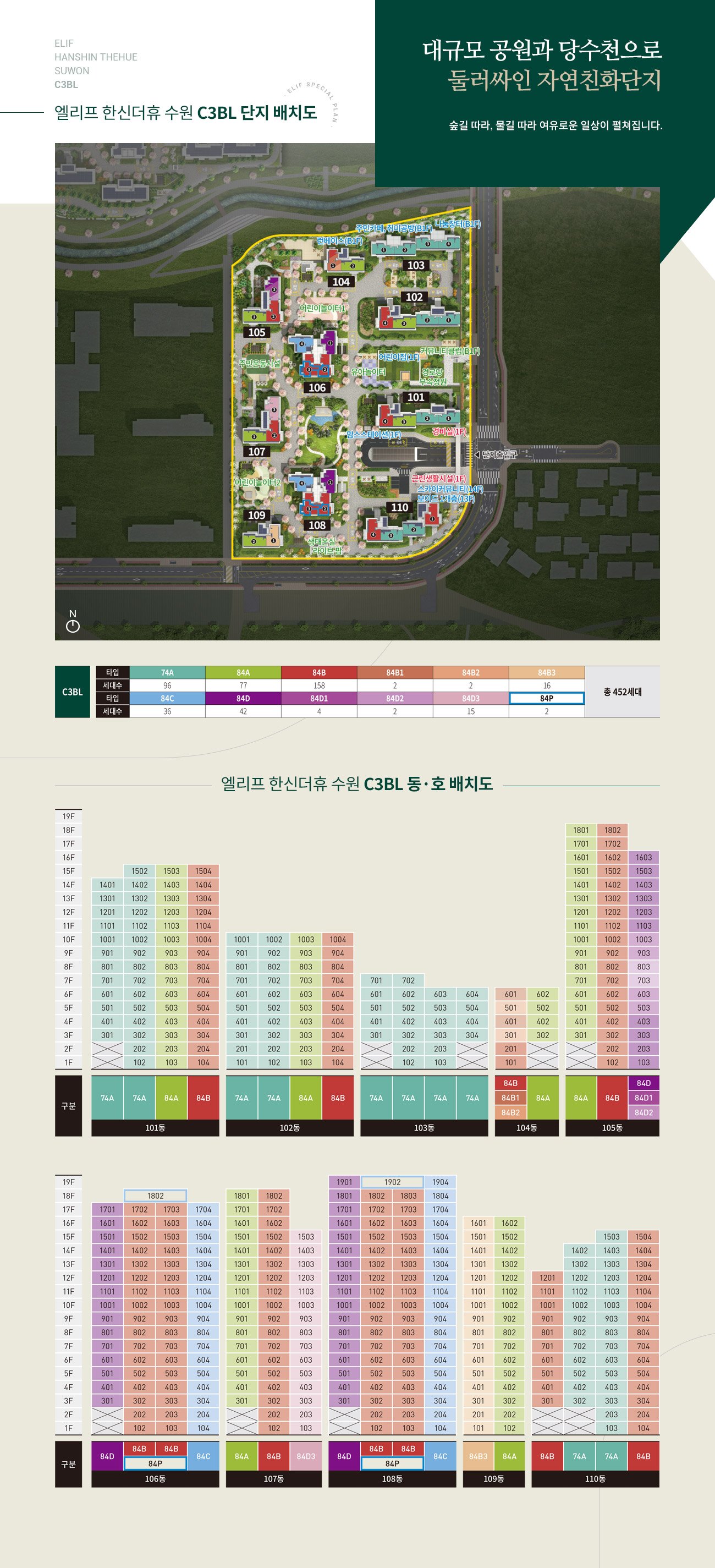 엘리프 한신더휴 수원 C3블록 단지배치도 — 10개동 동호수 배치와 커뮤니티 위치